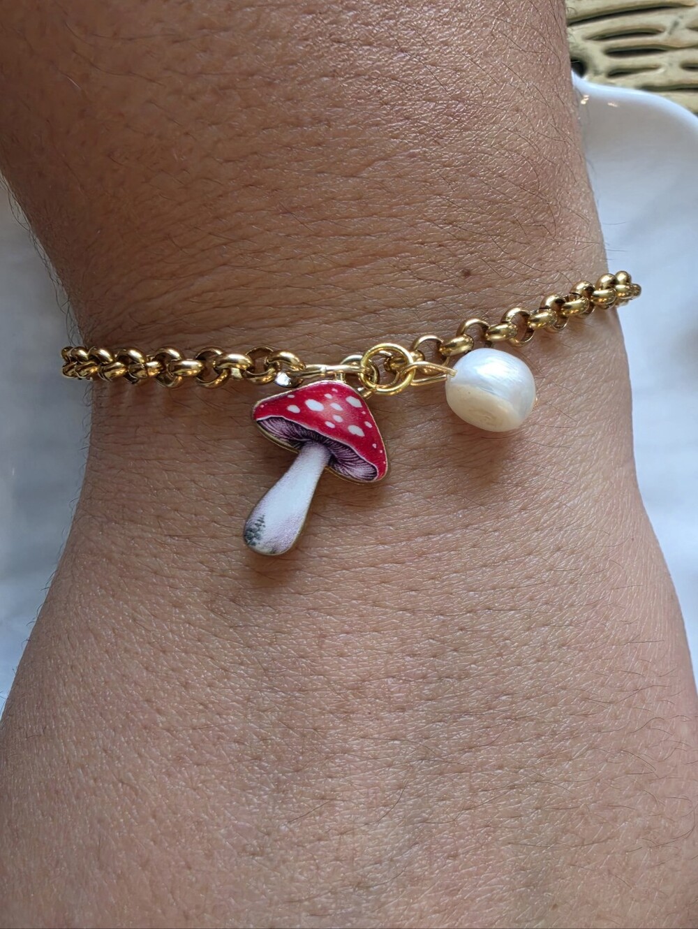 Gold Chain Bracelet with Red Mushroom Charm and Pearl